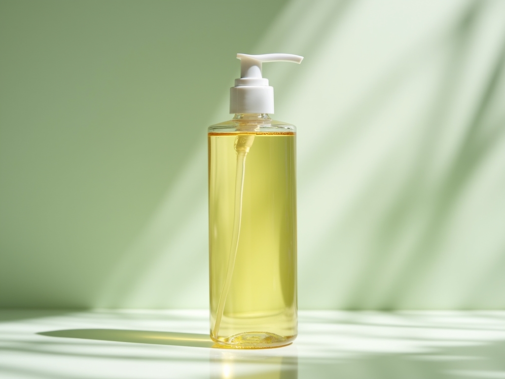 Bottle of clarifying shampoo with clean, fresh hair